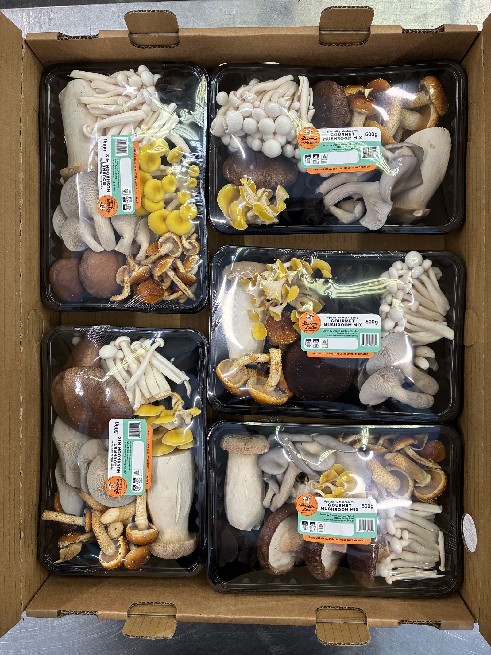 A box of mixed specialty mushroom punnets ready for delivery